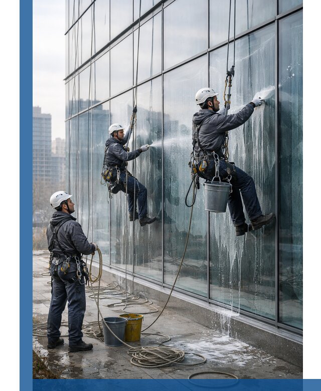 Промышленная мойка панорамных окон на высоте в Гатчине