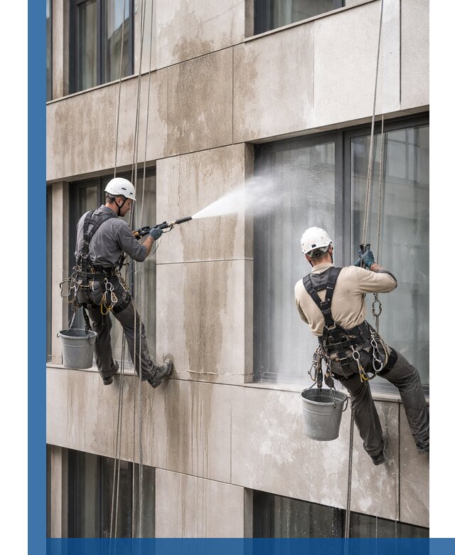 Послестроительная мойка фасада промышленным альпинизмом в Гатчине