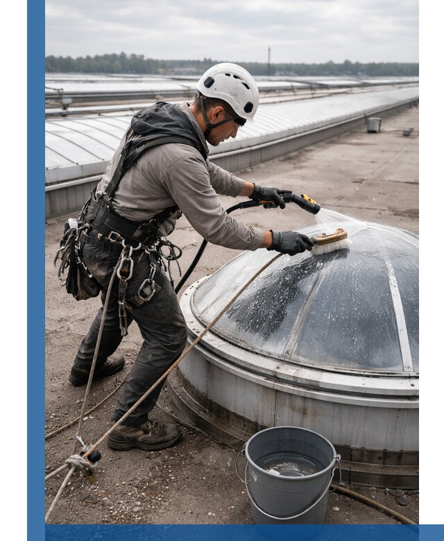 Мойка зенитных фонарей на кровле для промышленных объектов в Гатчине