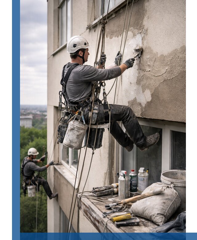 Косметический ремонт фасада зданий в Гатчине промышленными альпинистами