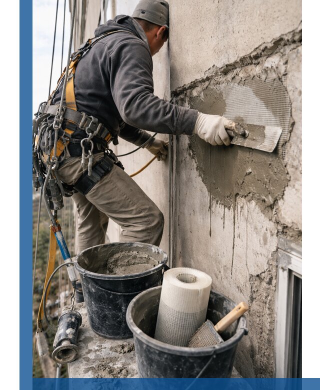 Ремонт бетонных элементов фасада промышленными альпинистами в Гатчине