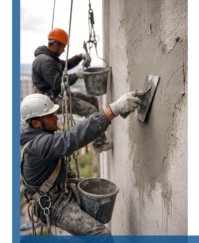 Штукатурка фасада на высоте в Гатчине профессиональные работы