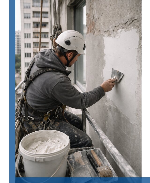 Шпаклевка фасадов на высоте с промальпинистами в Гатчине