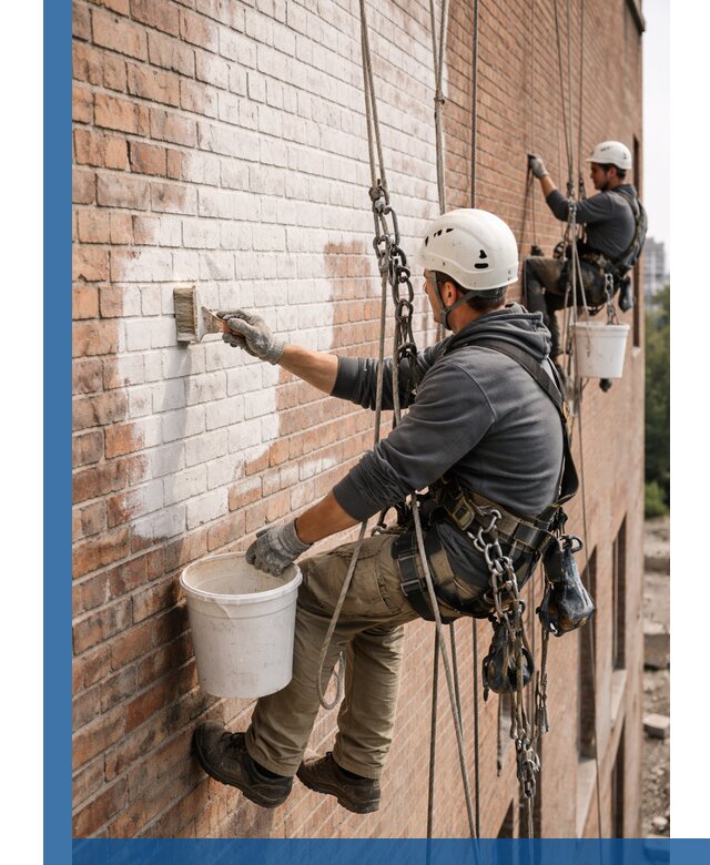 Покраска кирпичного фасада с доступным альпинистским сервисом в Гатчине