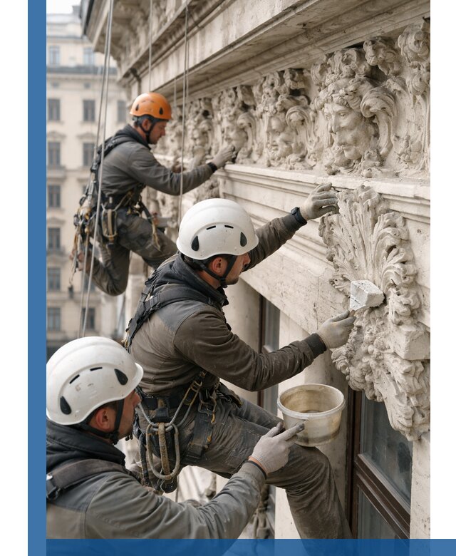 Реставрация фасадной лепнины с высотными работами в Гатчине