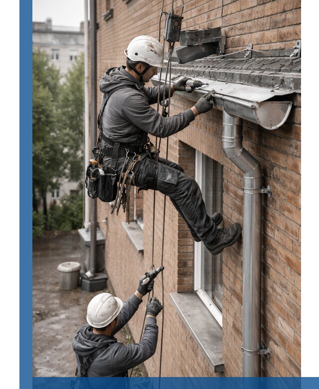 Монтаж водосточной системы на здании в Гатчине под ключ