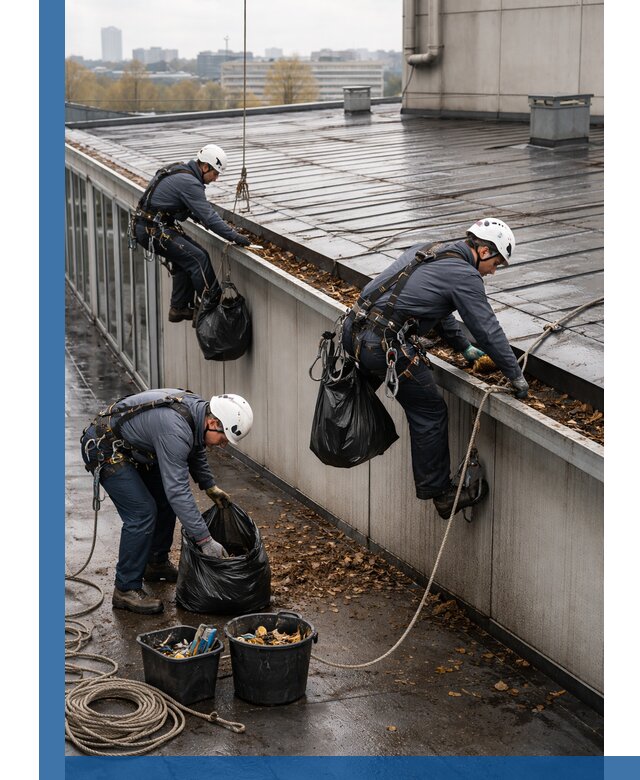 Очистка кровли по периметру в Гатчине силами промышленных альпинистов