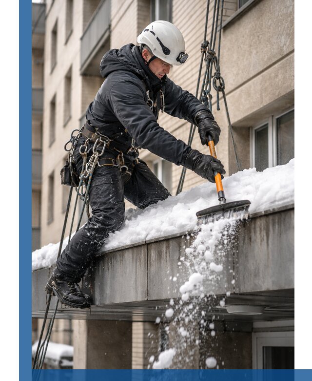 Очистка козырьков от снега в Гатчине круглогодично безопасно