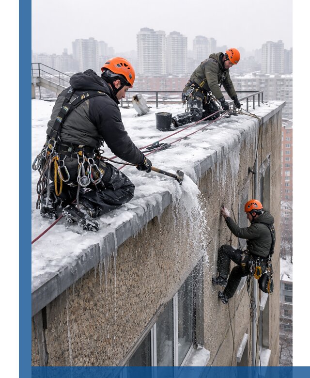 Удаление наледи с кровли в Гатчине промышленными альпинистами