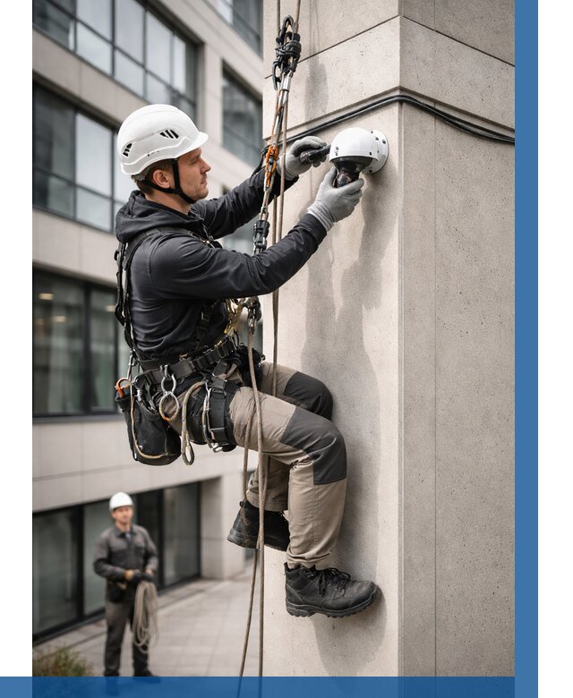 Монтаж камер видеонаблюдения на фасаде в Гатчине от 8735 р.-ВЫСОТНИК-Гтч