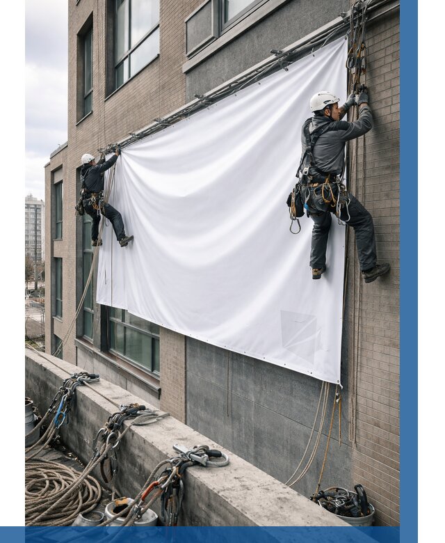 Монтаж баннеров на фасаде в Гатчине от 668 р. заказать ВЫСОТНИК-Гтч