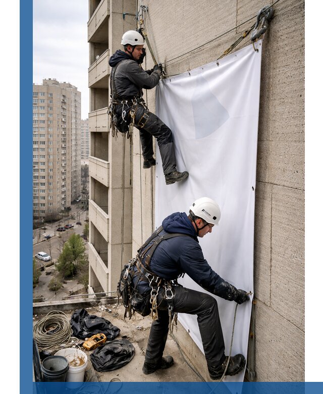 Профессиональный монтаж баннеров на фасаде в Гатчине