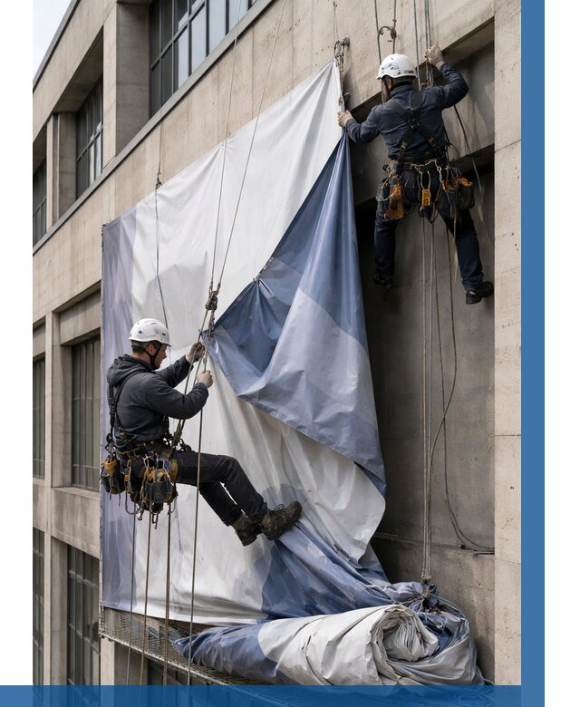 Демонтаж баннеров с фасада в Гатчине от 4624 р. | ВЫСОТНИК-Гтч