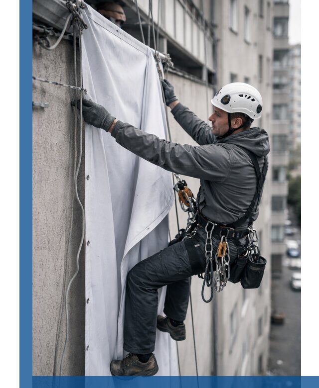 Замена баннерного полотна промышленными альпинистами в Гатчине