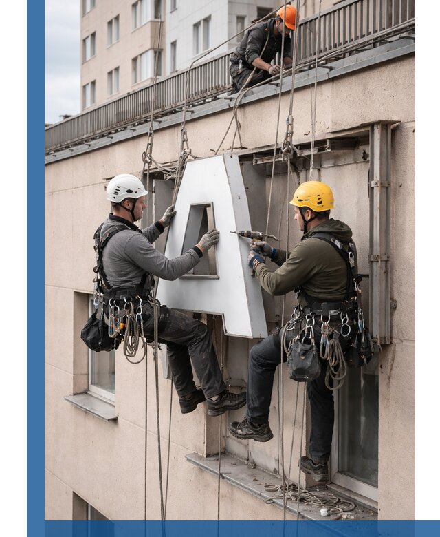 Ремонт и восстановление наружных вывесок на высоте в Гатчине