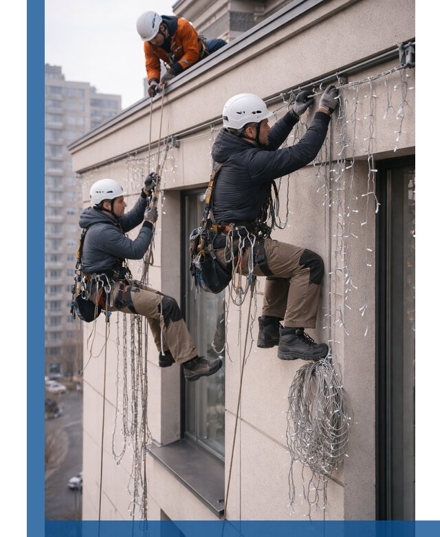 Монтаж праздничных гирлянд на фасаде в Гатчине для зданий