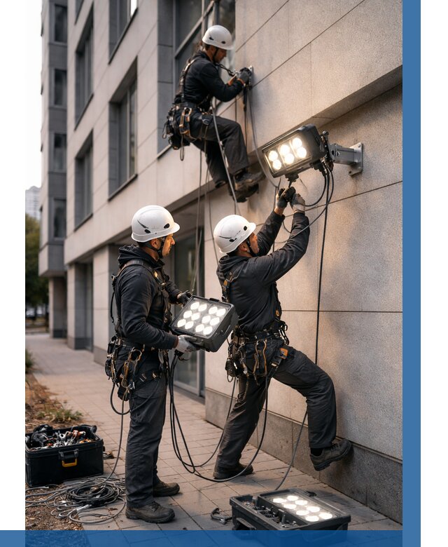 Монтаж прожекторов на фасаде в Гатчине от 7707 р. | ВЫСОТНИК-Гтч
