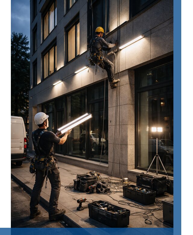 Монтаж архитектурной подсветки здания в Гатчине от 2569 р.|ВЫСОТНИК-Гтч