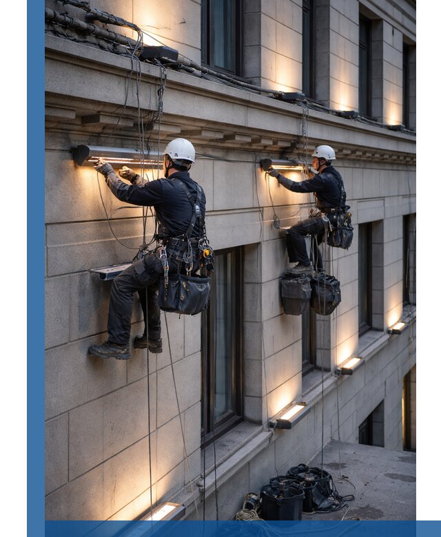 Монтаж архитектурной подсветки фасадов зданий в Гатчине