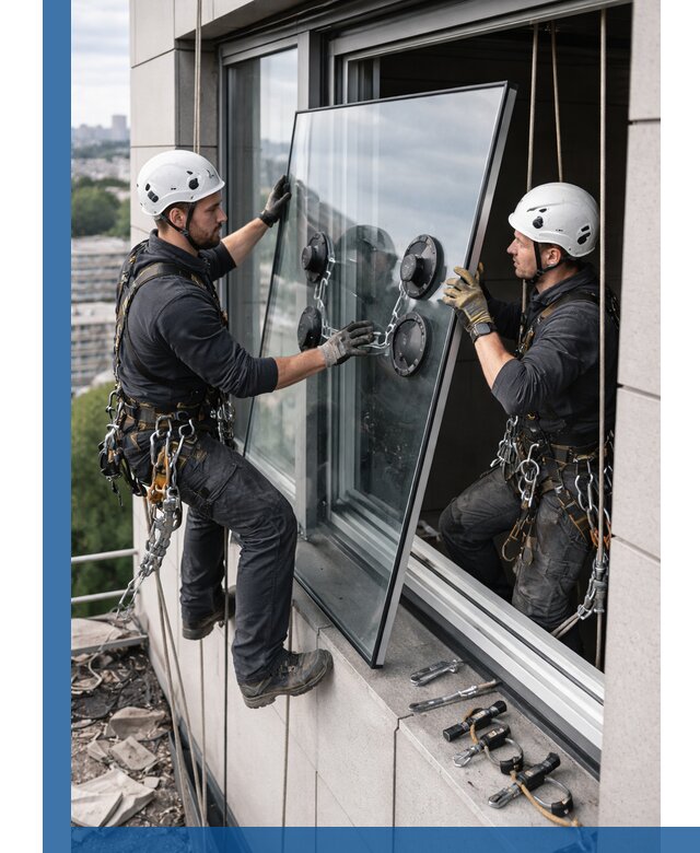 Замена стеклопакетов на высоте с промышленными альпинистами в Гатчине