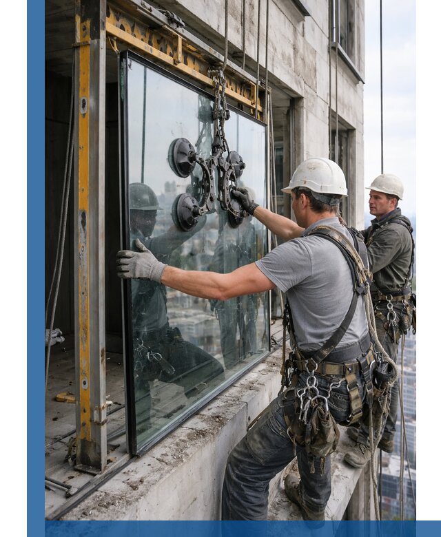 Монтаж стеклопакетов на высоте в Гатчине с промышленным альпинизмом