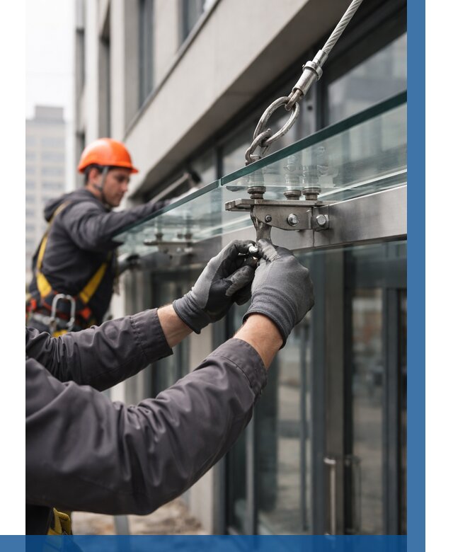 Монтаж стеклянных козырьков в Гатчине от 8735 р. | ВЫСОТНИК-Гтч