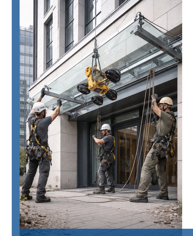 Монтаж стеклянных козырьков под ключ в Гатчине для зданий