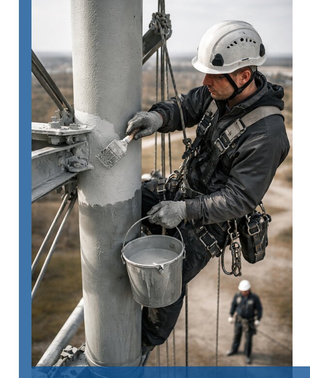 Покраска мачт связи в Гатчине промышленными альпинистами