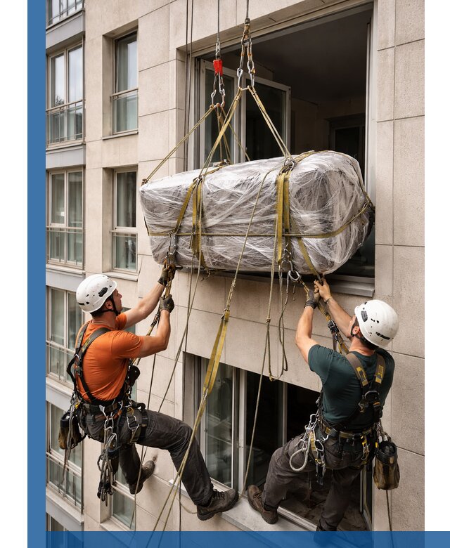 Подъем грузов через окно в Гатчине промышленными альпинистами