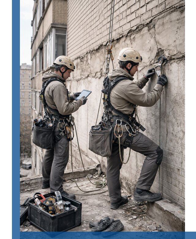 Обследование фасада промышленными альпинистами в Гатчине