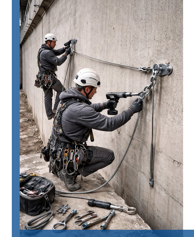 Монтаж анкерных линий высотной безопасности в Гатчине